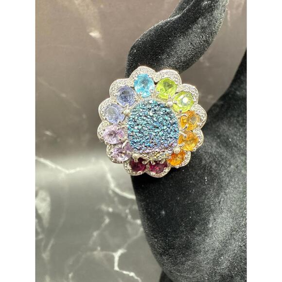 Vintage 925 Sterling Silver Flower Drusy Multi Gemstones Cocktail Ring Size 8 - Picture 5 of 8